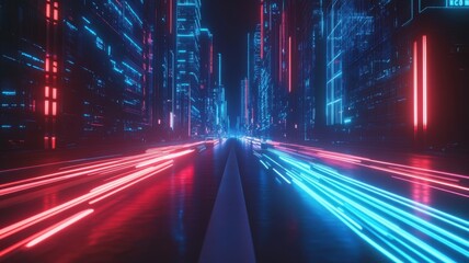 Fototapeta premium Futuristic neon cityscape at night with vibrant blue and red light trails. 3D urban landscape