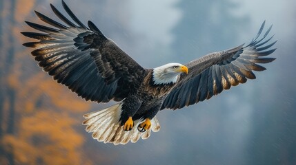 Fototapeta premium Majestic eagle soaring, wings spread wide, rain falling.