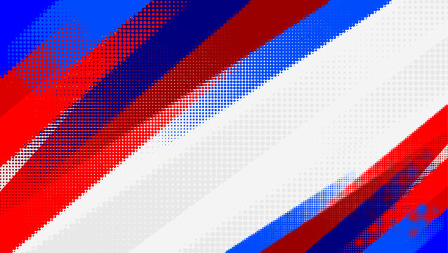 Abstract sports halftone background with dynamic red, white and blue stripes.