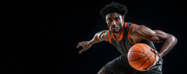 A basketball player dribbles and focuses intently with the orange ball