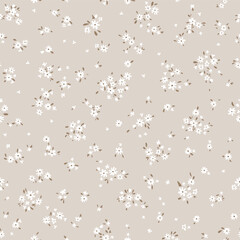  Vector illustration. Ditsy Floral seamless pattern of delicate tiny white flowers on a beige background, blooming flowers. Liberty pattern for textiles, packaging, fabric, sublimation printing