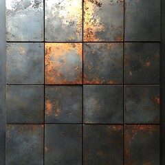 Rustic metallic tiles with copper accents.