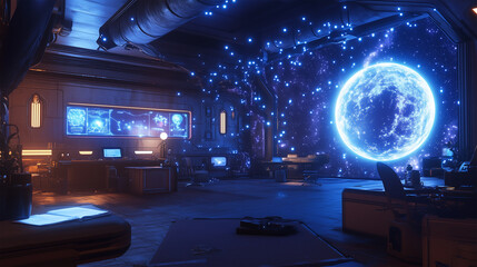 Futuristic classroom designed for advanced learning on a distant planet with a mesmerizing view