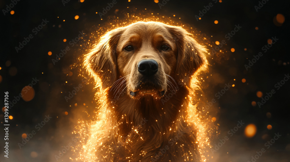 Poster enigmatic dog with a glowing face symbolizing the intersection of luxury pet food and metaverse bran