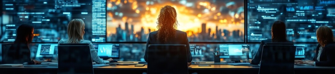 A professional tech team working on data and digital systems in a high-tech office environment. Generative AI