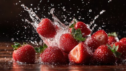 A lively presentation of strawberries being splashed with water, highlighting their vivid red tones and the refreshing energy that evokes the feeling of summer and tastes of sweetness.