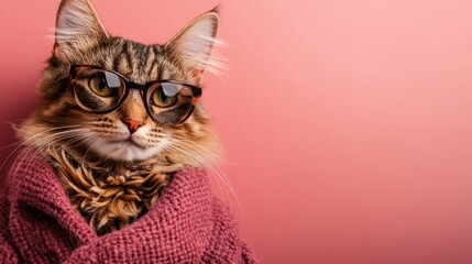 A thoughtful tabby cat in stylish glasses and a cozy red sweater showcases an aura of intelligence and charm, set against a soft pink backdrop.