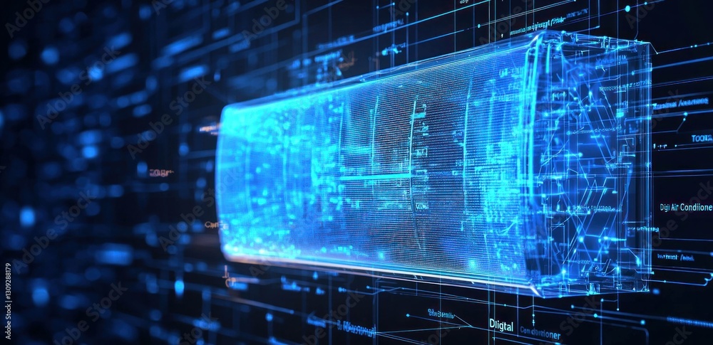 Wall mural futuristic digital interface showcasing data and analytics with a holographic display in a blue colo