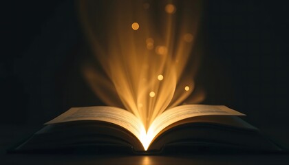 An illuminated book with light beams radiating upwards from pages