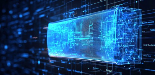 Obraz premium Futuristic digital interface showcasing data and analytics with a holographic display in a blue color palette highlighting technology and innovation