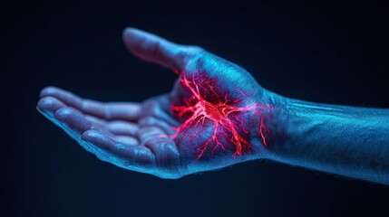 Hand holding glowing neuron, medical research, dark background, healthcare illustration