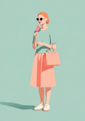 Obraz premium Stylish woman enjoying a pink ice cream cone on a sunny day