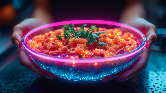 High-tech showcase of raw dog food in a bowl with a futuristic digital overlay displaying nutritional information