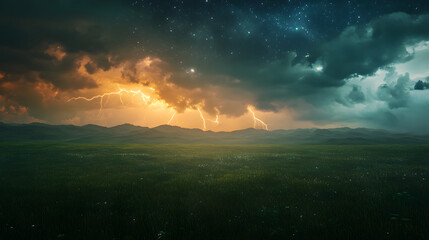 Fototapeta premium A wide, grassy plain with dark storm clouds and lightning in the distance 