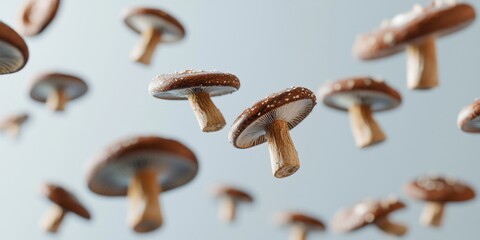 Floating shiitake mushrooms with dark brown caps on a soft gray background