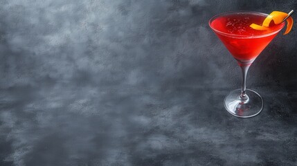 A vibrant red cocktail in a stylish glass, garnished with an orange twist, set against a textured gray background.