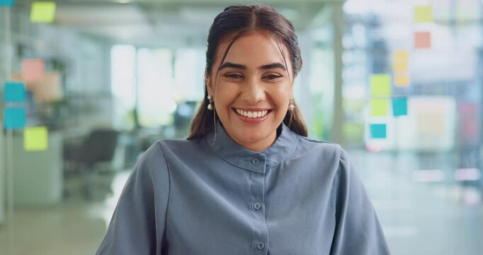 Happy woman, face and laptop with schedule for planning, creative brainstorming or agenda at office desk. Portrait, female person or planner with smile on computer for project ideas or web design