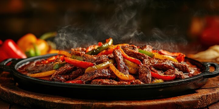 Floating sizzling beef fajitas with peppers on a rich terracotta background