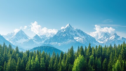 Fototapeta premium snow-capped mountain range under a clear blue sky, pine trees in the foreground, expansive view offering ample copy space, crisp and serene environment