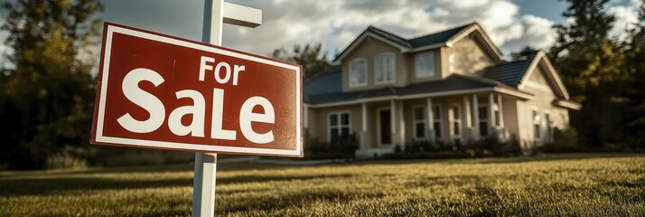 Obraz premium Home for sale with real estate sign in a beautiful neighborhood during sunset