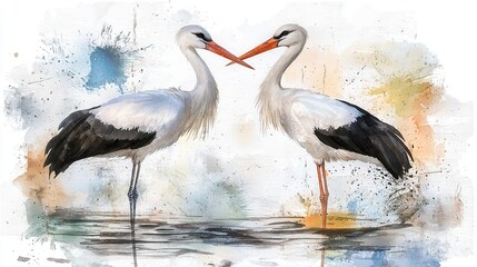 A stunning watercolor painting depicting two majestic storks standing gracefully in a tranquil lake their elegant forms reflected in the still waters