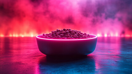 A vibrant bowl of red and pink colored cereals in a futuristic digital environment for pet nutrition concept