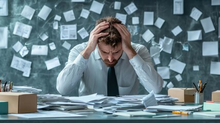 Stressed businessman holding his head at his messy desk, back facing the camera, drowning in paperwork and office files.