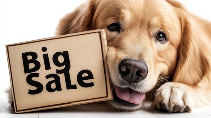 Golden retriever promoting special sale event with cheerful expression