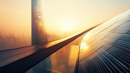 Obraz premium Futuristic urban architecture at sunset with solar panels and skyscrapers. 3D urban landscape