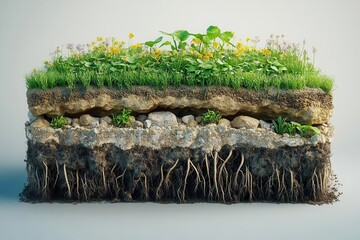 Fototapeta premium Organic soil and plant roots, crosssection view, 3D illustration
