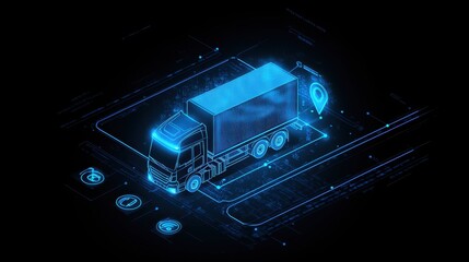 Top-down view of a truck with location pins and route paths overlaid, representing real-time GPS tracking and transportation logistics.