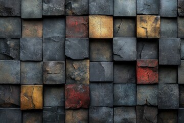 Textured stone blocks, dark hues, gold accents.