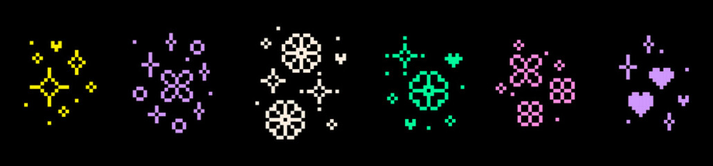 Glitter pixel art set. Star. Heart. Flower. Y2k star sparkle color icons.  Mood of 90s. 8 bit retro style editable pixel vector illustration. Simple geometric pattern set. Game abstract elements