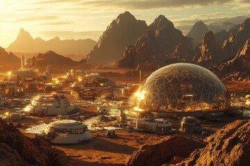 Futuristic Martian Colony at Sunset Sci Fi Settlement Dome Structures Red Planet Landscape