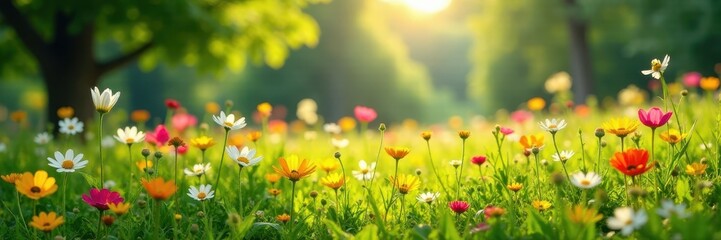 Fototapeta premium Rozświetlona słońcem łąka, żywe kwiaty polne, bujna zieleń lasu w tle, łąka, trawa, natura