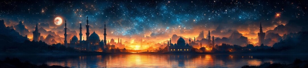 Obraz premium Surreal Fantasy Landscape with Starry Sky and Full Moon Over City. Generative AI