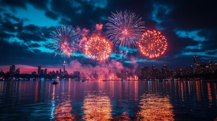 Spectacular fireworks display over the city skyline with reflections on the water. Generative AI