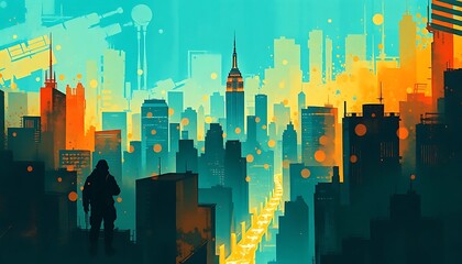 A Colorful Silhouette of a City Skyline and a Watching Figure
