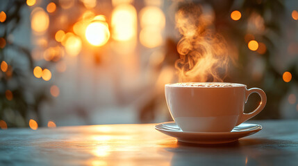 Obraz premium Beautifully brewed cup of coffee with steam rising captured on a modern table setting for a cozy experience