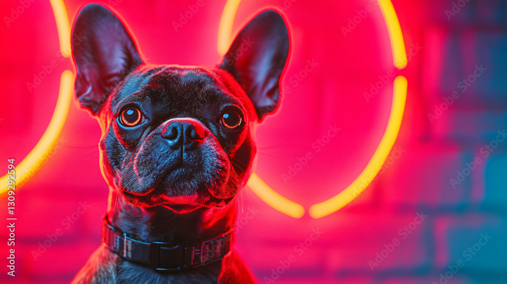 Poster playful dog captured in a vibrant cyberpunk setting showcasing a unique blend of pet and futuristic 