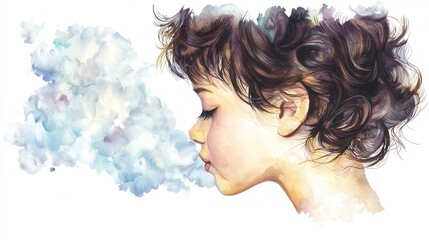 Vibrant watercolor painting depicting the profile of a child s face with a dreamy contemplative expression and a sense of whimsy and imagination