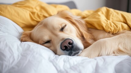 A serene golden retriever peacefully sleeps on a cozy bed, enveloped in soft blankets that provide comfort and warmth, showcasing tranquility and relaxation in a domestic setting.