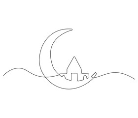 Continuous one line drawing of Crescent moon and mosque. Single line drawing illustration of Crescent moon and mosque for greeting card. Ramadan kareem concept vector art. Doodle line illustration.