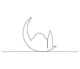 Continuous one line drawing of Crescent moon and mosque. Single line drawing illustration of Crescent moon and mosque for greeting card. Ramadan kareem concept vector art. Doodle line illustration.