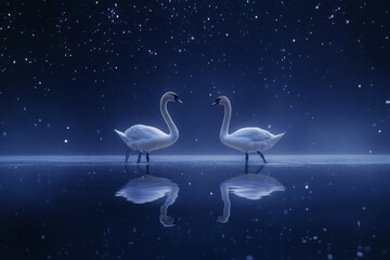 Majestic swans reflecting on tranquil water under starry night. Neural network AI generated