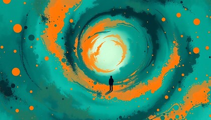 A solitary figure stands before a swirling abstract cosmic vortex