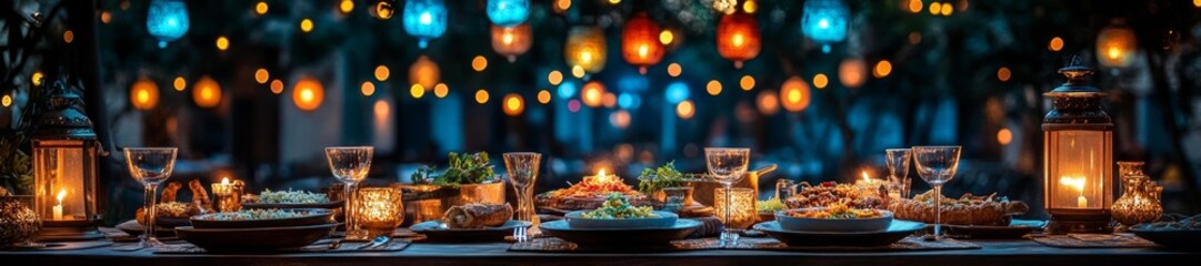 Fototapeta premium Elegant Outdoor Dining Setup with Festive Lanterns. Generative AI