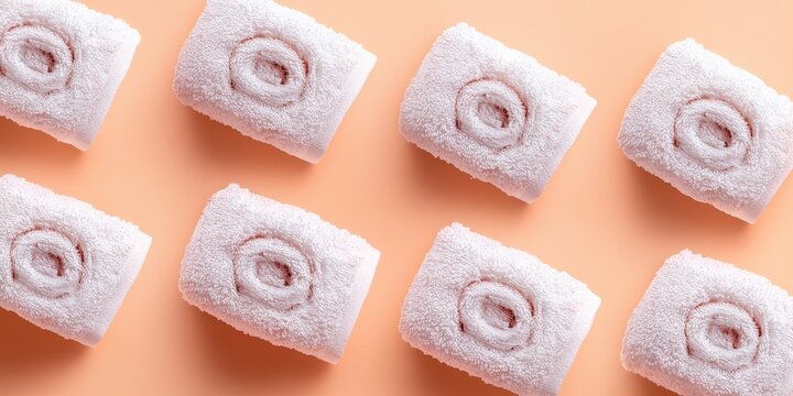 Floating spa towels neatly arranged on a soft peach background