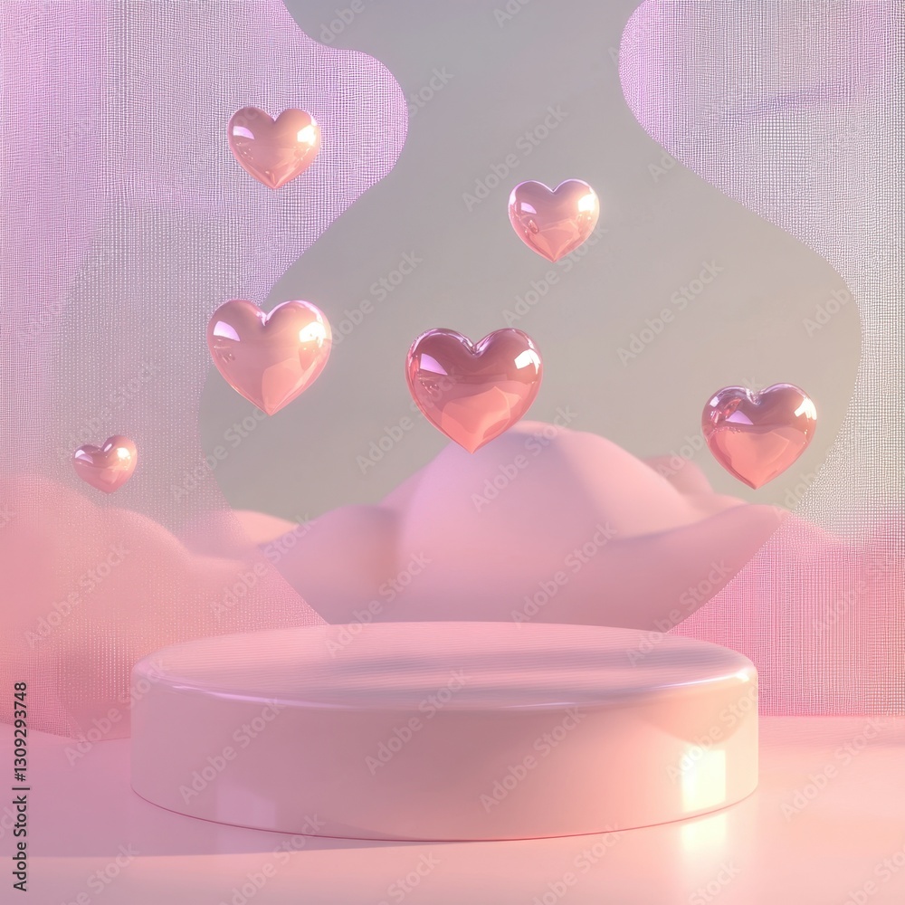 Fototapete high-end 3d valentine's display featuring a premium pink podium, glossy floating hearts, and an ethe