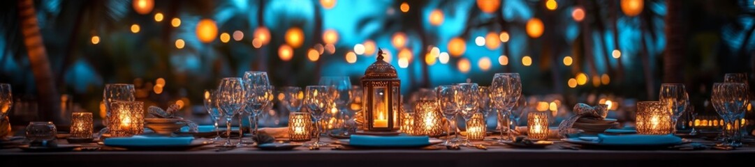 Tropical Outdoor Dining Experience with Decorative Lanterns and Candles. Generative AI